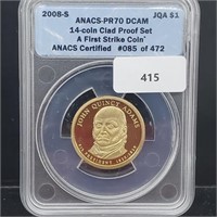 ANACS 2008-S PR70DCAM Adams $1 Dollar