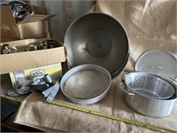 Large, stainless steel bowls, canner, and jars