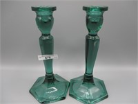 pair Fenton 9" green Florentine candlesticks