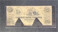 Staunton $5 Banknote 1859 Central Bank of Virginia