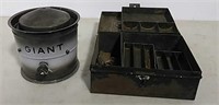 Tin tackle box & graniteware heater part