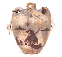 Early Native American Zuni Fetish Pot, Horse & Cow