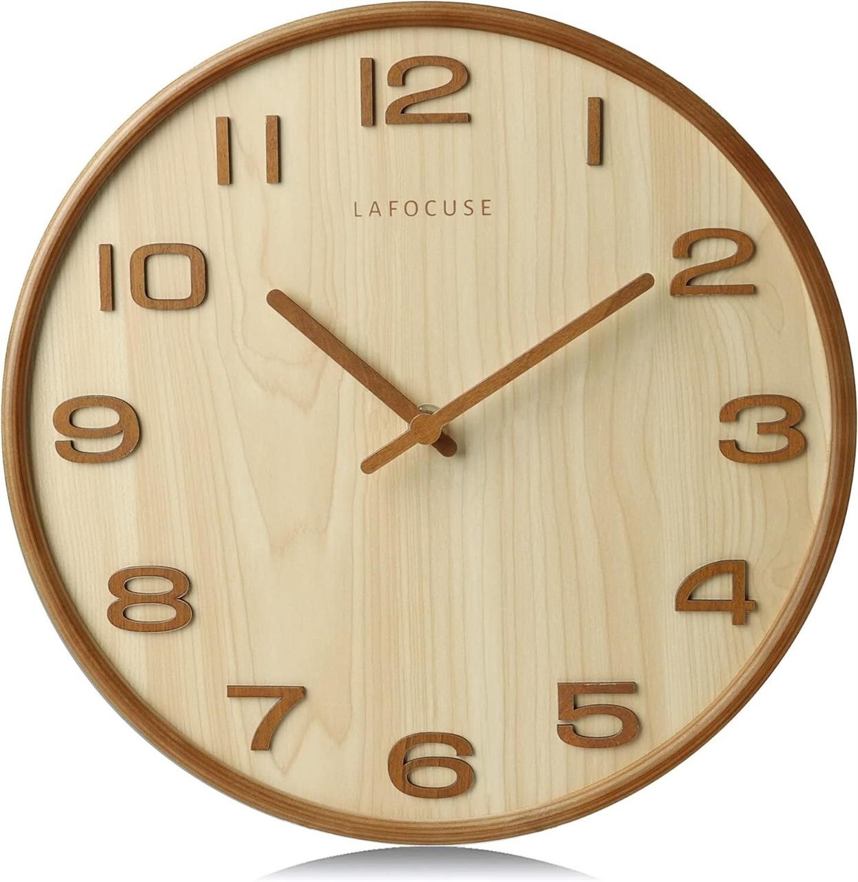 Lafocuse Silent Beige Wooden Wall Clock 3D Numbers