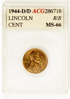 Coin 1944-D/D Lincoln Cent, ACG- MS66 Red BN