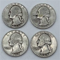 (4) Older Silver Washington Quarters: 1942, 1943,