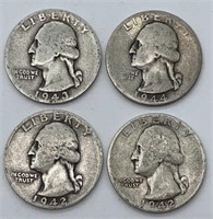(4) Older Silver Washington Quarters: (2) 1942,