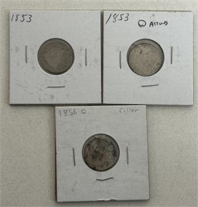 (3) 1850's SEATED LIBERTY DIME SILVER COINS