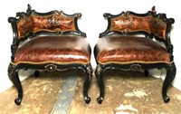 Pair of Corner Chairs with Leather Seats & Ornate