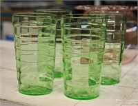 4 GREEN DEPRESSION GLASS GLASSES