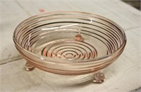 PINK DEPRESSION GLASS 3 FOOTED BOWL 6.5" DIA