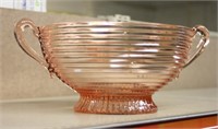 CHIPPED PINK DEPRESSION GLASS 2 HANDLED BOWL
