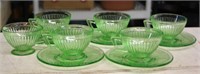 GREEN DEPRESSION GLASS CUPS & SAUCERS