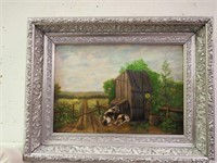 Painting of two dogs on country road, frame