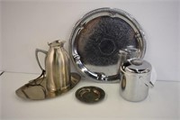 STAINLESS THERMOS & TRAY, SILVERPLATE, DISPENSER