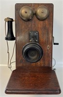 UNQIUE ANTIQUE OAK WALL PHONE W ROTARY DIAL