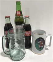 Vintage cokes, 7up and, coke mugs