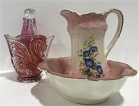 Vintage prussia chocolate pot, pink swan glass