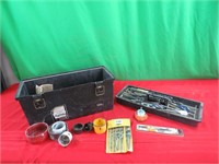 Tool box, wire brushes, hole saws