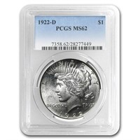 1922 D Silver Peace Dollar PCGS MS 62