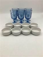 (8) White Ramekins, (6) Blue Glass Stemware