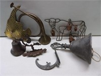 Lot: Old Bell, Coat Hook, Cow Bell, Brass Fish