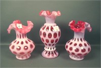 Lot of Three Fenton Cranberry Opal Coin Dot Vases