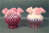 Two Fenton Cranberry Opal Hobnail Crimped Vases