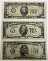 1934 $20, $10, $5 BANKNOTES