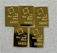 (5) 1g GOLD VALCAMBI BARS