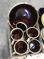 Brown crock bowl, 5 mugs
