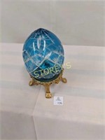 Vintage Cut Crystal Blue egg with Gold Stand