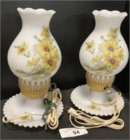 Pair Hand Painted Floral Milk Glass Lamps.