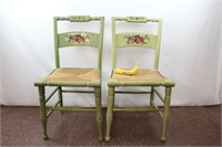 Pair Rustic Green Stenciled Rush Seat Chairs