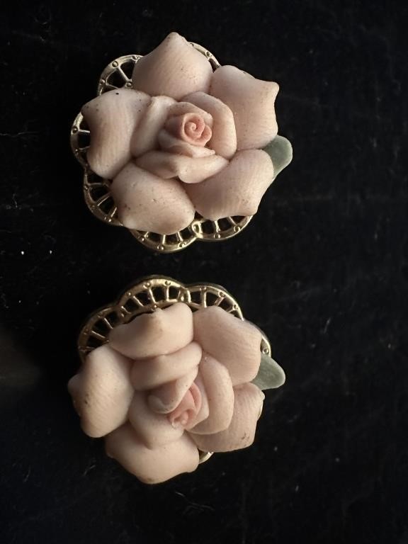 Vintage porcelain carved rose clip on earrings