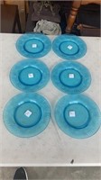 Set of Six Azure Blue Glass Plates