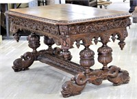 Outstanding Neo Renaissance Oak Writing Table.