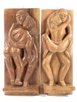 2 Erotic Wood Carvings, Amorous Couples 14" H