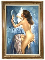 Seated Female Nude w Mirror, Framed Oil on Canvas