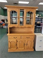 OAK OUTLET 2-PC LIGHTED KITCHEN HUTCH W/ GLASS