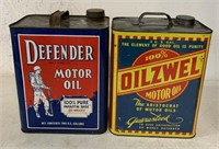 Defender and Oilzwel 2 gal. motor oil cans