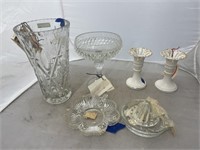 6 pc, glass juicer, glass pedestal dish, glass vas