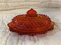 AMBER TO RED BUTTER DISH WITH LID
