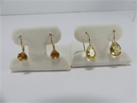 2 PAIRS 14K GOLD CITRINE & LEMON QUARTZ EARRINGS