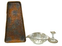 Copper Platter,Silver Overlay Bowl & Candle Holder