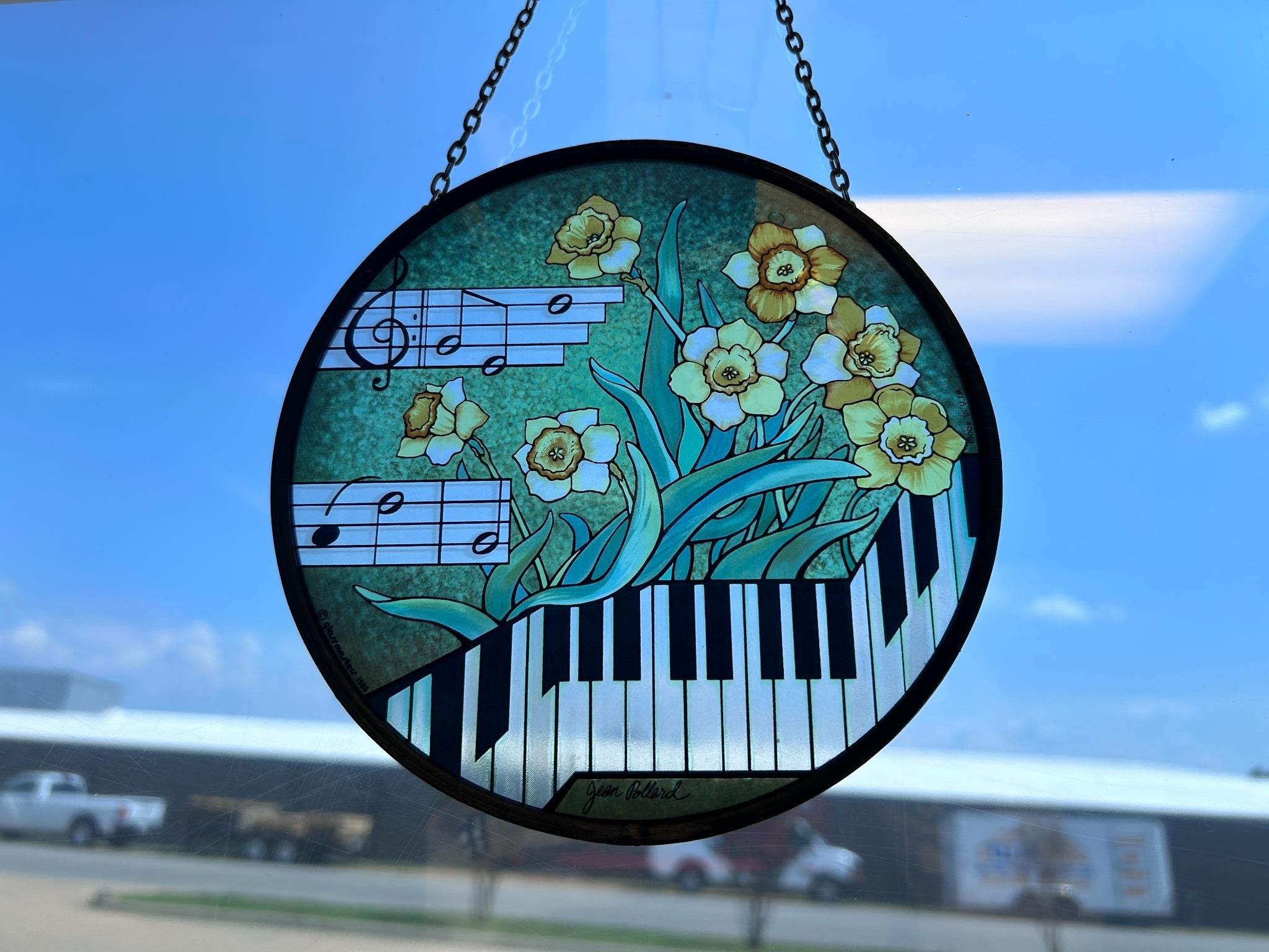 7" Stained Glass Style Sun Catcher Piano & Flowers