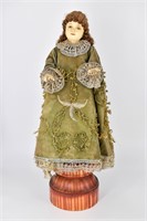 Antique European Doll, Green Velvet Dress on Stand