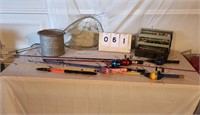 Fishing Equipment Lot - 6 Poles, 5 Reels, Box of