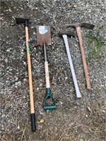 Lot of 4- pick ax, mallet, shovel and garden hoe