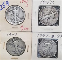1941 S 1942 P 1943 P 1947 D silver half dollars