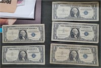 5 old blue seal 1957 US $1 silver certificates
